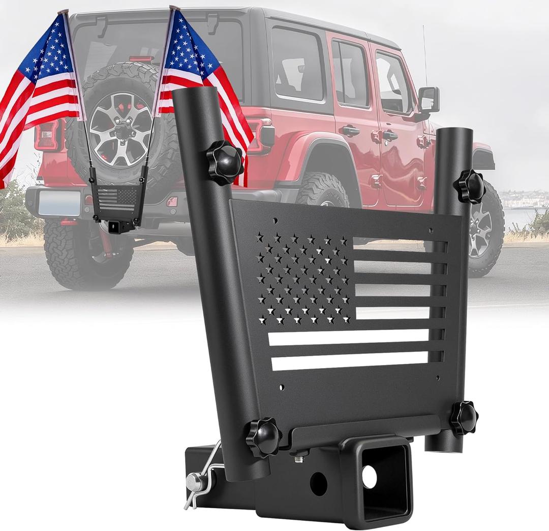 Universal Dual Hitch Flag Pole Holder for 2 Inch Receivers, Heavy-Duty Iron Double Flag Mount with Trailer Hitch & License Plate Bracket, Compatible with Trucks, SUV, RV, Pickup, Camper