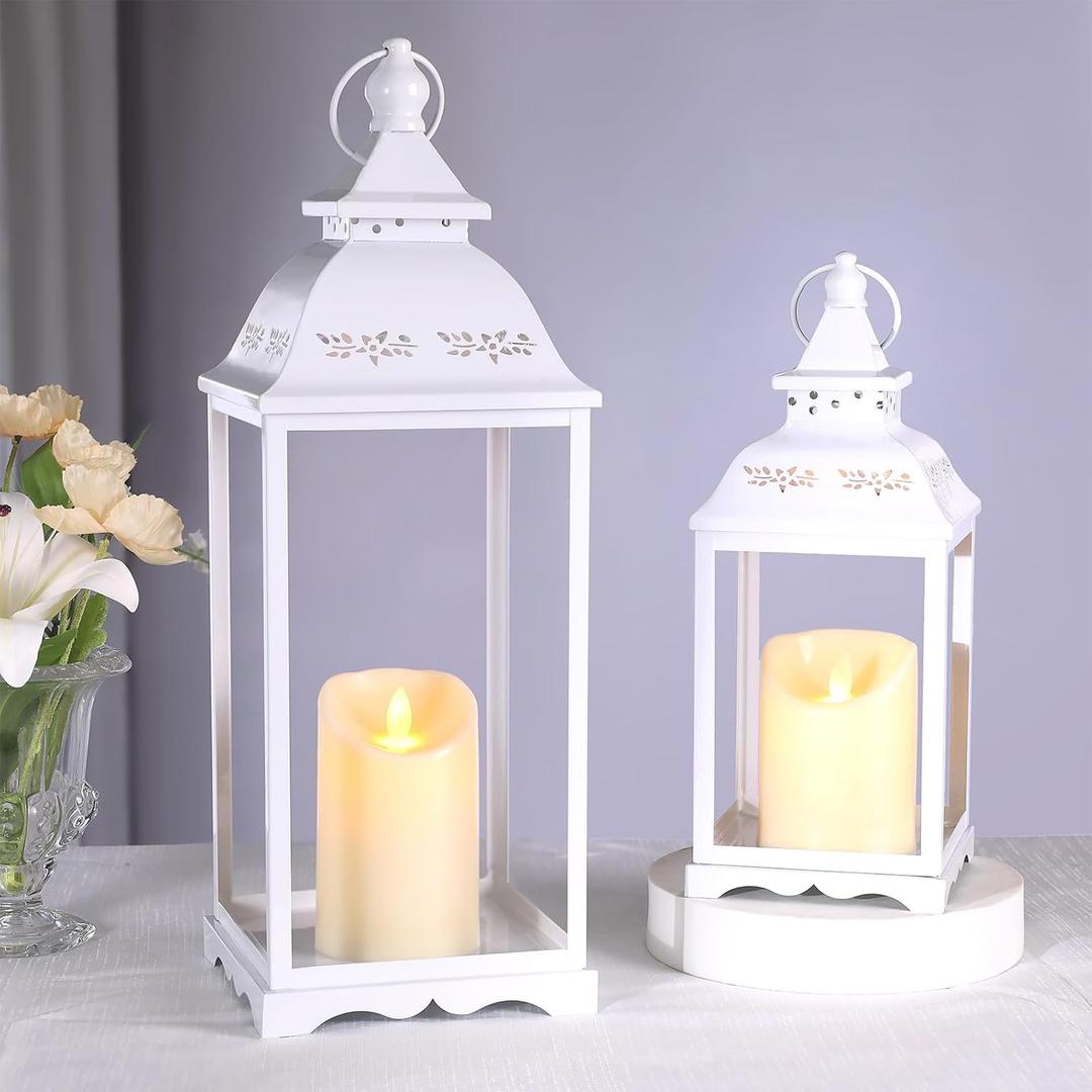 HAVITI 2 Pack Lanterns Decorative Indoor, White Farmhouse Outdoor Lantern for Porch, 17'' 12'' Floor Lantern Decor (no Glass) with 2PCS LED Flameless Candles for Wedding Home Table Front Door