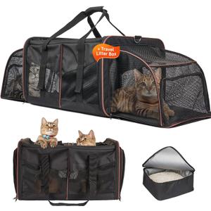 Large Cat Carrier for 2 Cats with 2 Litter Boxes, A.FATI Expandable Foldable Double Pet Carrier with Removable Divider, Breathable Mesh Oxford Cat Travel Crate for Car/Camping/Vet, Black