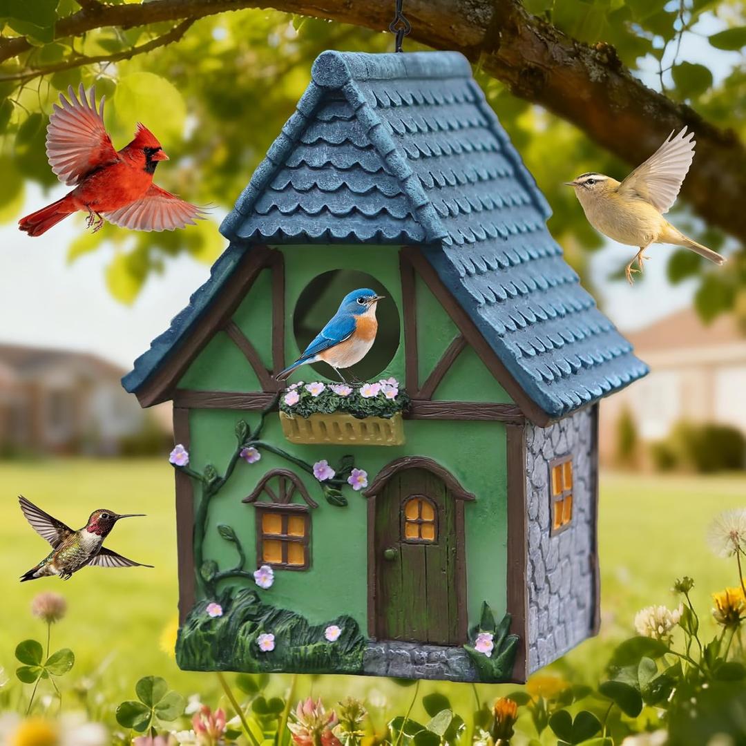 Bird Houses for Outside Cottage Garden Birdhouse Green Resin Birdhouses for Outdoors with Flower and Stone Details for Bluebird Finches Cardinals Bird Nesting Garden, Patio, Yard