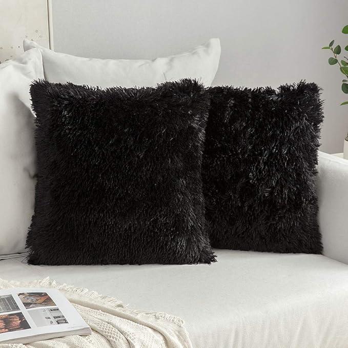 MIULEE Pack of 2 Luxury Faux Fur Throw Pillow Cover Deluxe Winter Decorative Plush Pillow Case Cushion Cover Shell for Sofa Bedroom Car 24 x 24 Inch Black