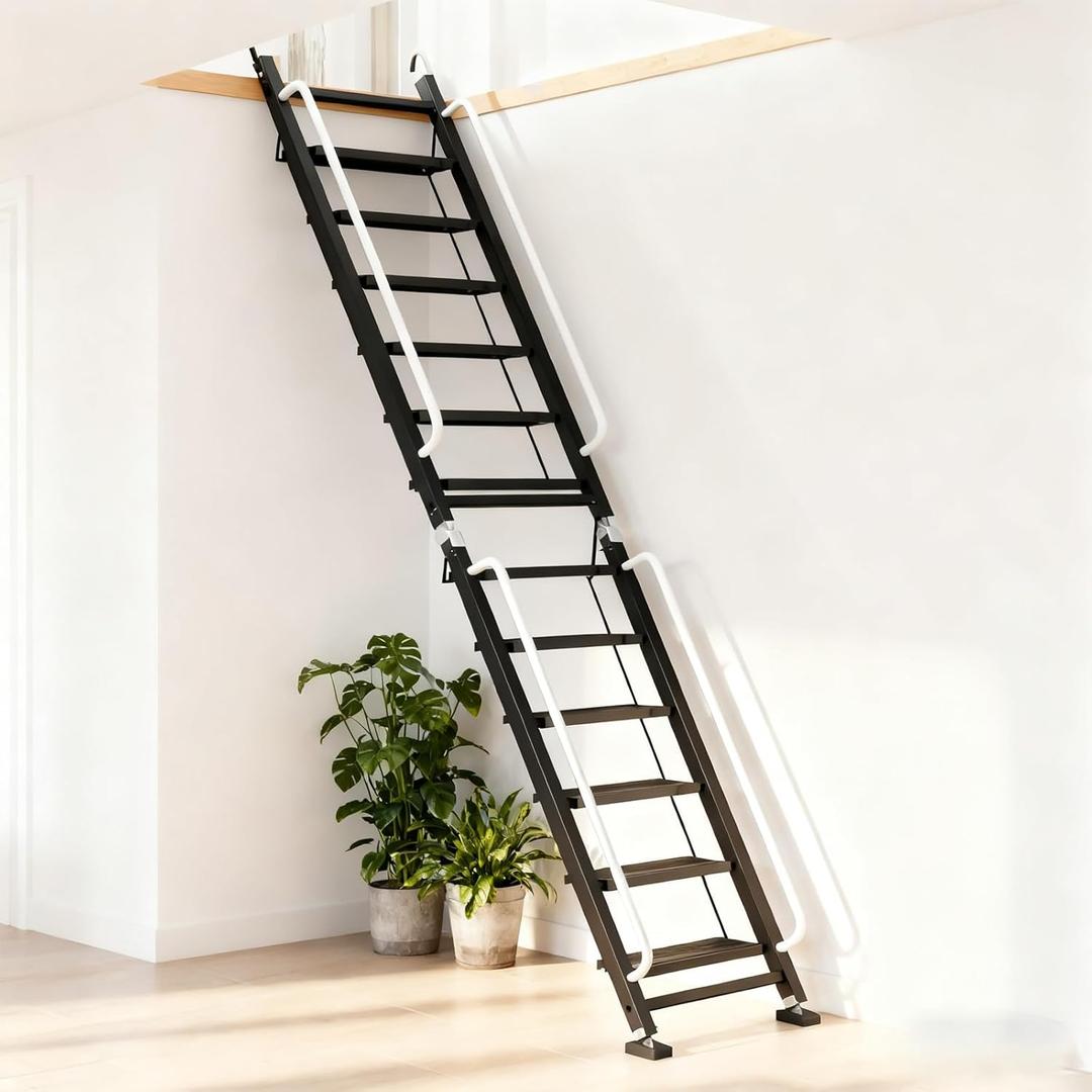 Foldable Aluminum Loft Stairs Ladder, 12 Step Folding Bunk Bed Ladders with Handrails, Portable Anti-Slip Egress Attic Ladder, Floor-Mounted Metal Roof Access Step Ladders for Dorm RV Home Attic Stair (10.5ft, Black)