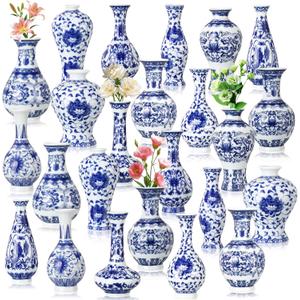 Maxcheck 24 Pcs Christmas Porcelain Blue and White Vase Mini Chinoiserie Bud Vase Vintage Ceramic Oriental Handmade Chinese Flower Jardiniere for Home Office Shelf Table Centerpieces Decor