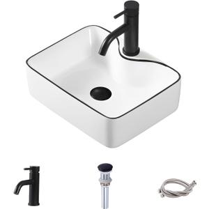 Small Bathroom Sink Rectangle, 16"x12" Ceramic Bathroom Vessel Sink with Tap and Drain Combo Modern White Small Vessel Sink Art Basin with Black Trim