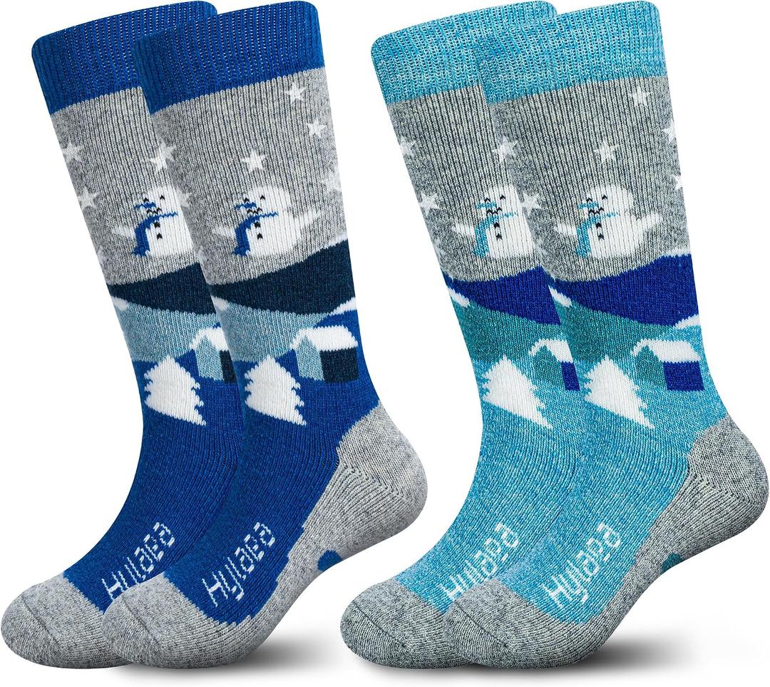 Hylaea Merino Wool Ski Socks Kids, Knee-high Warm Thermal Snowboard Skating Socks for Toddler Boys and Girls Grey Blue XX-Small