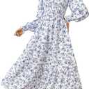 Women's Floral Lantern Long Sleeve Dress Square Neck Ruffle Hem Dresses Shirred A Line Vacation Dresses Medium