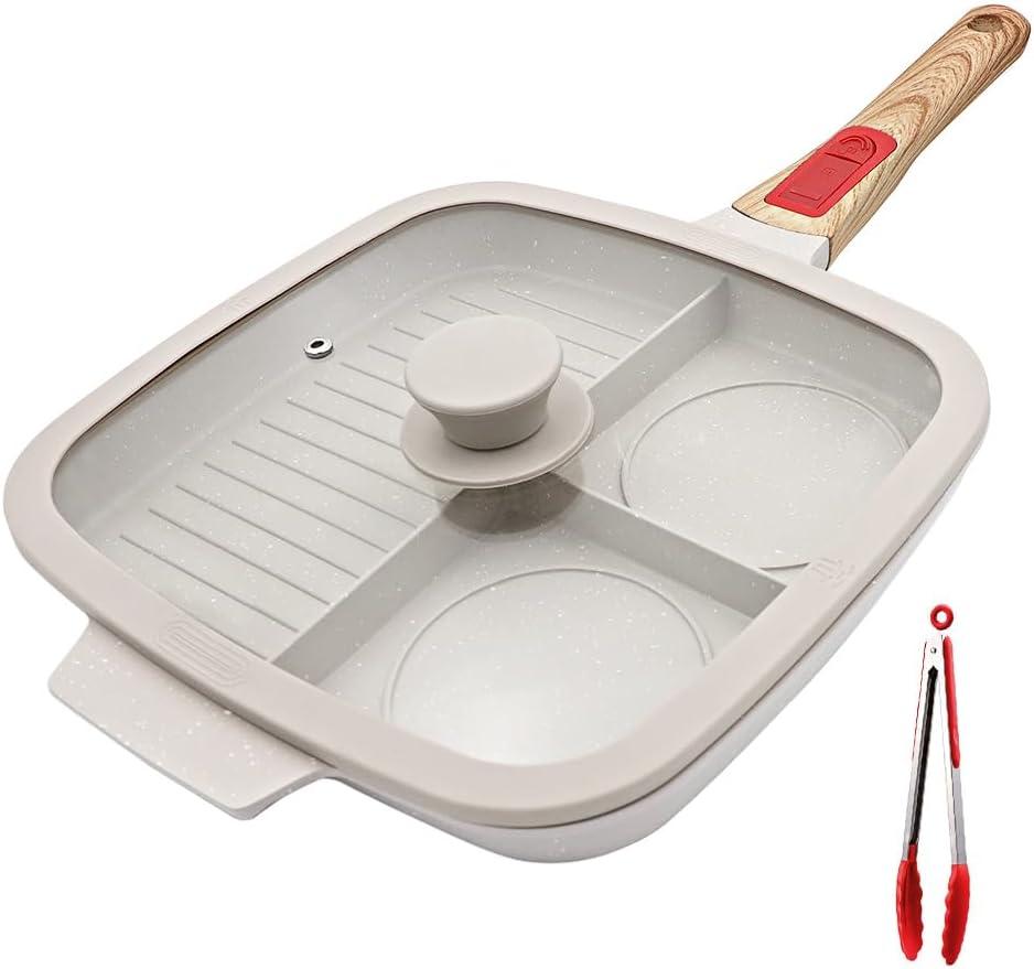 3 Section Grill Pan for Stove Tops with Detachable Handle, Nonstick Versatile Griddle Pan with Lid, Square Skillet PFOA Free, White