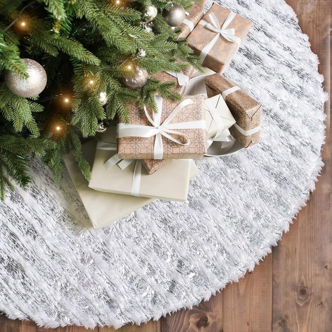 Dremisland Christmas Tree Skirt White&Silver Bronzing Luxury Faux Fur Tree Skirt with Sequin Stripes Soft Plush Xmas Tree Skirt for Winter Party Holiday Xmas Decorations (Sliver, 36inch/90cm)