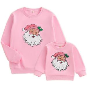 Christmas Mommy and Me Outfit Santa Embroidery Long Sleeve Sweatshirt Xmas Mom Son Daughter Matching Outfit (0-6 Months, Pink Baby)