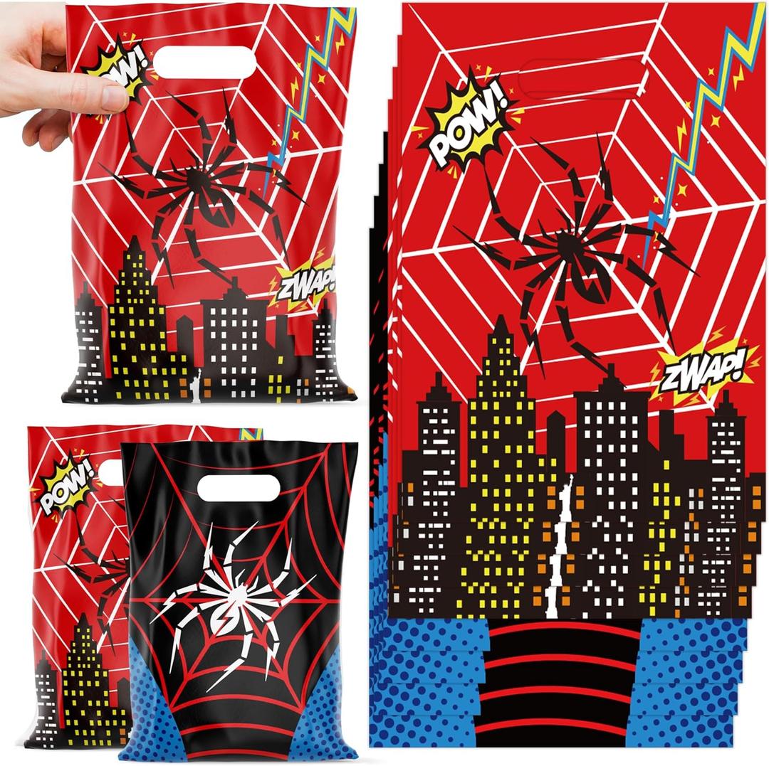 Caoekego 50Pcs Spider Goodie Bags Hero Action Sign Treat Candy Plastic Bags for Superhero Theme Party Supplies Spider Movie Fans Birthday Party Decorations