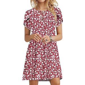 PLOKNRD Women's Casual Dress Summer Short Sleeve T-Shirt Dress Crew Neck Basic Dresses 2025 (Blue White Flower), L