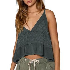 VNIRA Womens Sleeveless Peplum Spaghetti Strap Babydoll V Neck Ruffle Loose Fit Waffle Knit Crop Boho Tank Tops Size Medium, Dark Grey 