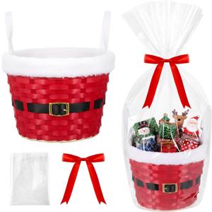 Christmas Basket for Gifts Empty Christmas Santa Claus Woven Bamboo Basket with Xams Belt Bag and Bow Ribbon for Xmas Storage Gift Snack Skep with Handle 9"x7" (Red, White)