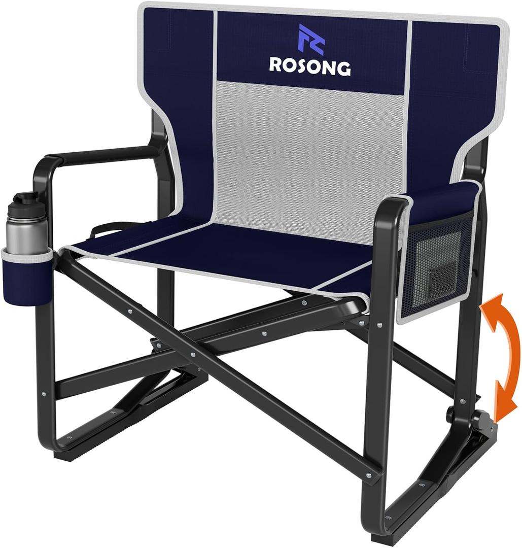 Rocking Camping Chair Rocker, Folding Chair Lawn Chairs with Cup Holders Foldable Outdoor Freestyle Navy Blue