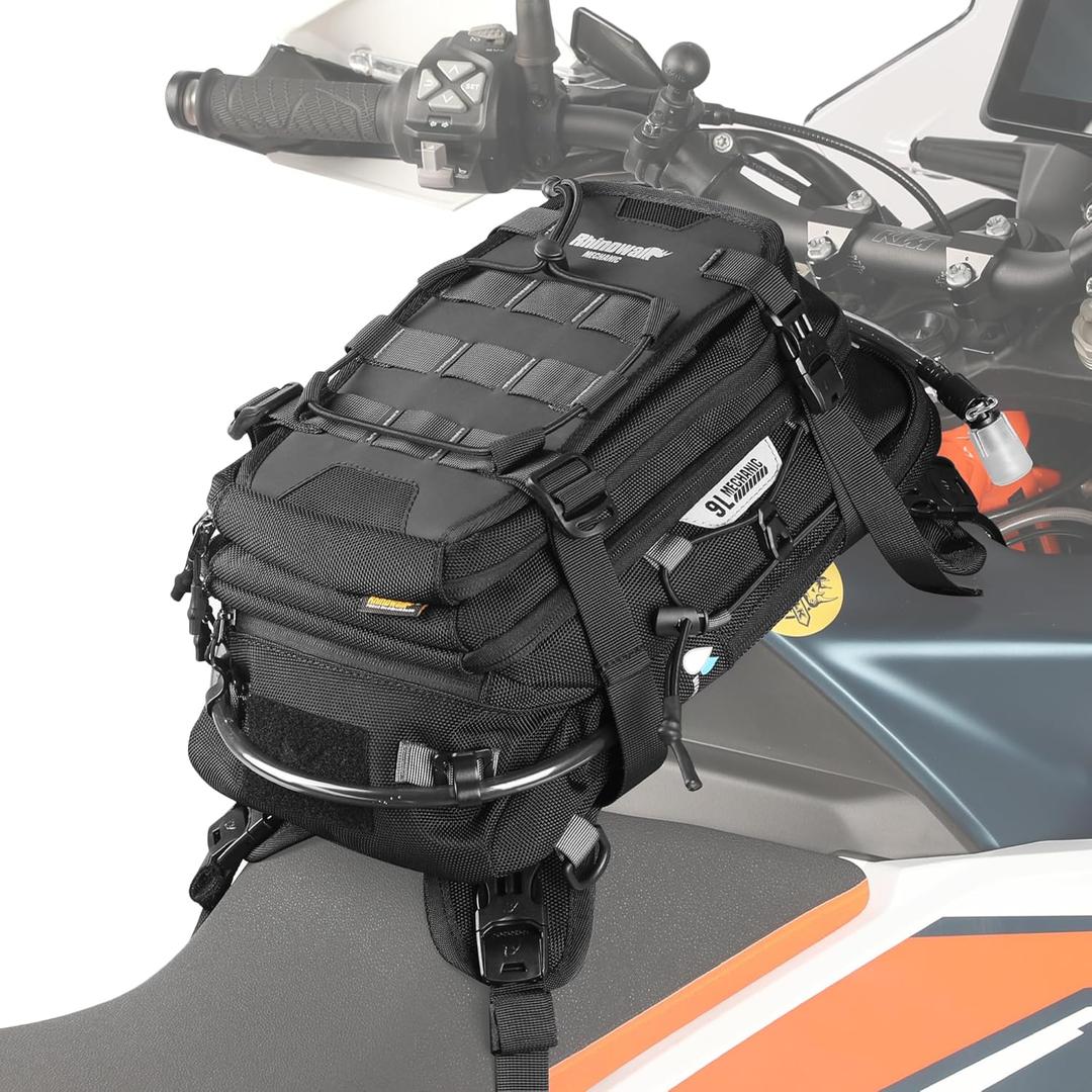 Rhinowalk Motorcycle Tank Bag Travel Luggage Motorcycle Backpack with 1.5L Water Bladder MOLLE System Fits Honda Yamaha Suzuki Kawasaki Harley-Black