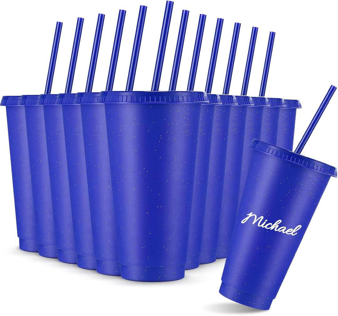 Amyhill 12 Pcs Reusable Glitter Cups with Lids and Straws 24 oz Plastic Tumbler Iced Coffee Cup Travel Mug for Smoothie Juice Sleepover Wedding Graduation Party Supplies Girl(Navy Blue)