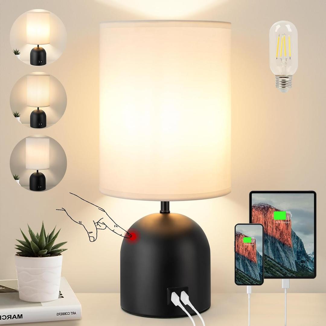 Touch Control Table Lamp for Bedroom, 3 Way Dimmable Modern Black Bedside Lamps with 2 USB Charging Ports with Metal Base Fabric Shade for Living Room, Nightstand, Office, Dorm (Bulb Included)