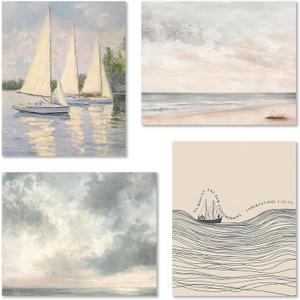 JUIOEIU Vintage Nautical Sailboat Sailing Wall Art Prints Set of 4, Lake Beach House Decor, Sailboat Decor, Coastal Beach Nautical Christian Bible Verse Wall Art Posters for Home Office, 8x10 Unframed (Retro Ocean)