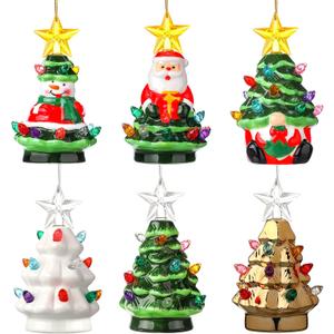 Umigy 4.5 Inch Mini Ceramic Christmas Tree Set, 6 Pack Tabletop Christmas Tree with Multicolored LED Lights Light up Hanging Ornaments for Vintage Nostalgic Classic Holiday Decoration and Gifts