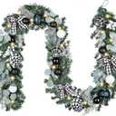 Valery Madelyn 9 Feet Pre-Lit Christmas Garland with Lights for Mantle, Lighted Outdoor Xmas Garland with Black White Balls & Bow for Home Stairs Fireplace Table Centerpiece Indoor Holiday Party Decor