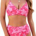 ZAFUL Women High Waisted Bikini Sets Two Piece Swimsuit Push Up Twist Front Ruched Bathing Suit (X-Small, Rose Red Print)