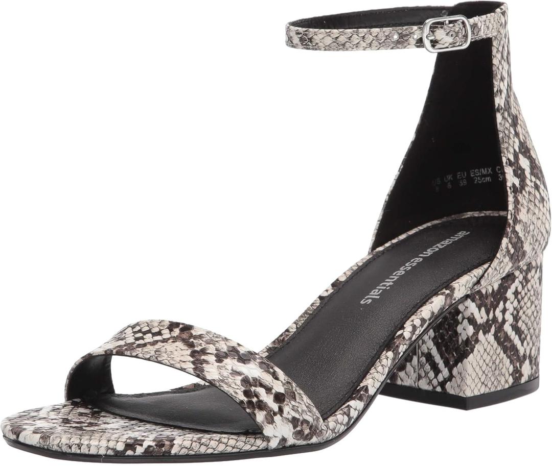 Amazon Essentials Women's Two Strap Ankle Strap Block Heel Sandal (11 Wide, Black White Faux Snake Skin)