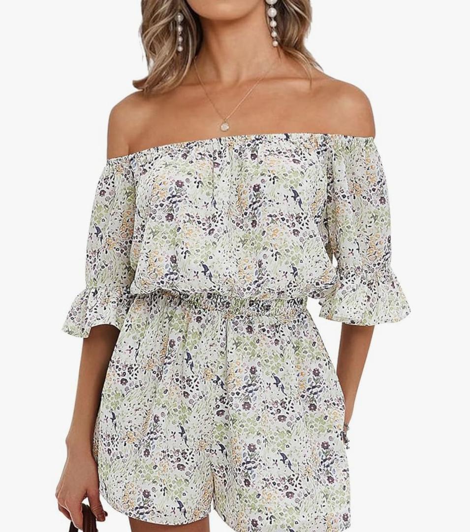EXLURA Women's Summer Floral Romper Dress Off Shoulder Ruffle Elastic Wasit Wide Leg Shorts Jumpsuit Vacation Beach 2025, 2XL