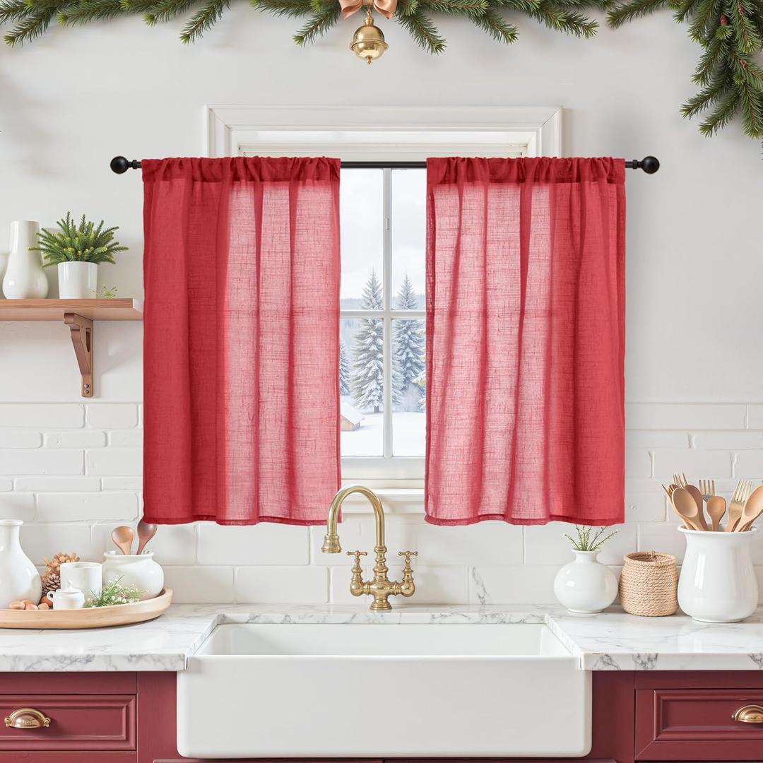 BGment Red Linen Kitchen Curtains Window Over Sink, Short Semi Sheer Drapes with Rod Pocket Lightweight for Cafe Bathroom Windows, 2 Panels Set, Each 30 Inch Wide