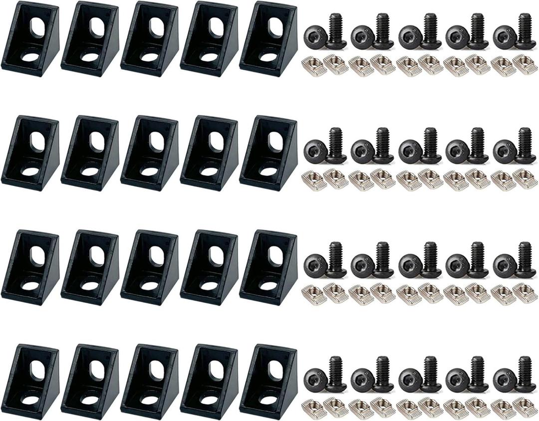 20 Sets 2020 Aluminum Extrusion T Slot Corner Bracket 20 Series Extruded Hardware 90 Degree Right Angle Connector with M5 Bolts Nuts for 20/20 80 20 2040 T V Slot Black Aluminum Profile