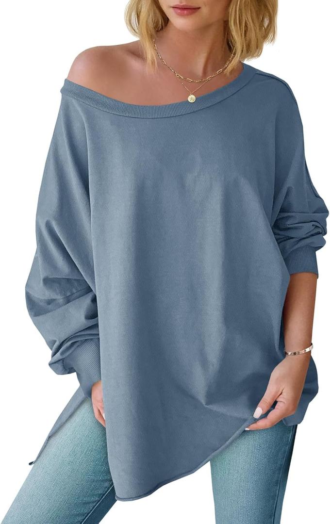 Tankaneo Womens Oversized Off The Shoulder Tops Long Sleeve Trendy Casual T-Shirts Side Slit Loose Fit Tunic Shirts, X-Large