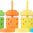 Elk and Friends Kids + Toddler Glass Cups | The Original 8oz Glass Mason Jar with Sleeves + Lids | Silicone Straws + Stopper | Smoothie Cup | Food Storage | Spill Resistant | Dishwasher Safe | 4 Pack (Green/Orange/Blue/Yellow)
