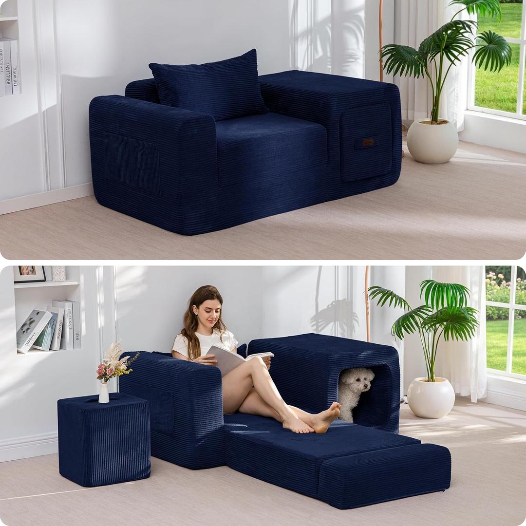 MAXYOYO Folding Sofa Couch, Convertible Floor Sofa with Armrest, Multifunctional Sofa with Pillow and Pockets, Boneless Couch for Living Room, Navy, Standard