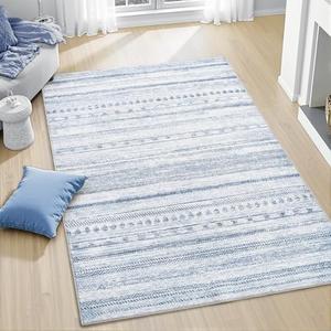 3x5 Area Rug Machine Washable Non Slip Rug Distressed Neutral Moroccan Boho Rug Ultra Soft Indoor Rugs for Bedroom Living Room Entryway Kitchen Foyer Bedside, Blue