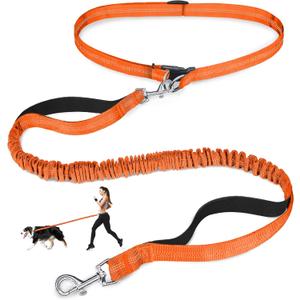 Hands Free Dog Leash, Adjustable Waist Leash for Dog Walking, Dual Bungee 4.2-6.7 Feet Long with Reflective Stitches for Walking Hiking Running, Fits 26"- 43" Inch Waist, Orange
