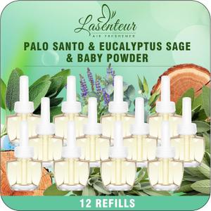 Plug In Air Freshener Refills - Palo Santo & Eucalyptus Sage, Baby Powder Scent For Home & Bathrooms, Office, 12 Count Fragrance Refills, Compatible with Air Wick & Glade, Not Include Glade Plus