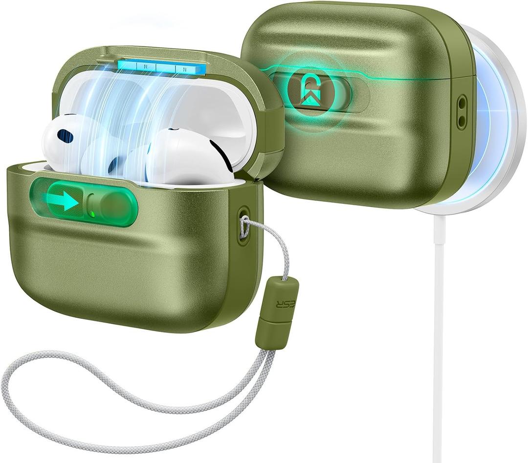 ESR for AirPods Pro 3 Case (2025), Compatible with AirPods Pro 3 (USB-C Cable), MagSafe Ready, Magnetic Lid Lock, Full Drop Protection Cover with Lanyard, Green