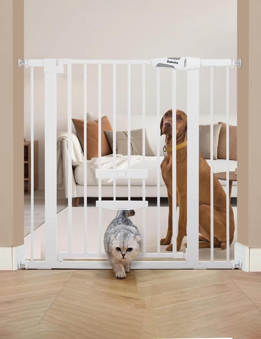 BABELIO 36 Inch Extra Tall Baby Gate with Cat Door, 29-40" Metal Dog Gate, Cat Gate for Stairs, Doorways, Auto Close Safety Gate with Pet Door, Easy Walk Thru, White