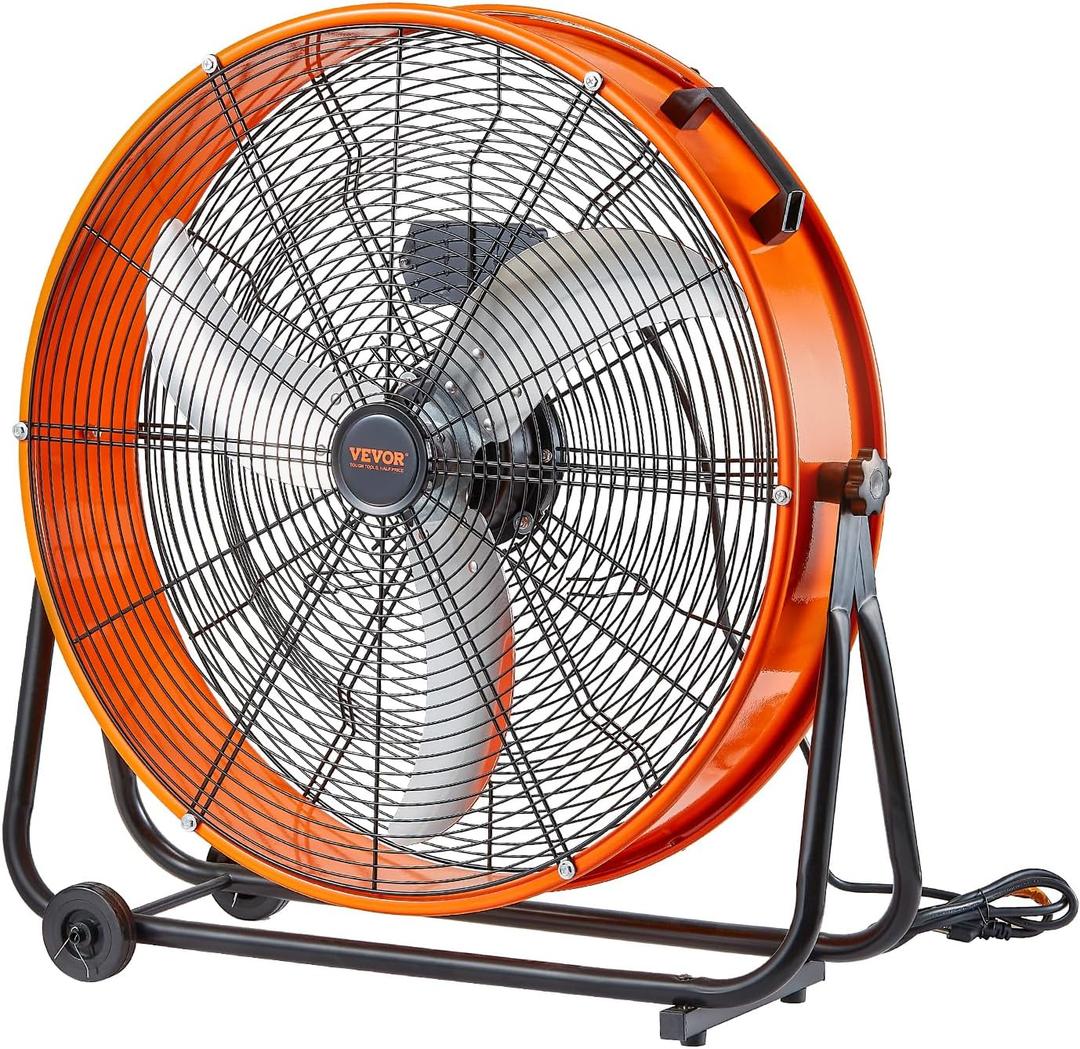 VEVOR Drum Fan, 24 Inch 8700 CFM High Velocity Heavy Duty Floor Shop Fan, 3-Speed, 5ft Cord, 360Adjustable Tilting, Commercial Industrial Use for Warehouse, Workshop, Factory, Basement