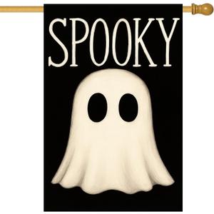 Spooky Ghost Halloween House Flag 28 x 40 Inch Double Sided Decorative Fall Holiday Garden Flags Banner for Outdoor Porch Yard Decor Seasonal House Flags and Home Decorative Display