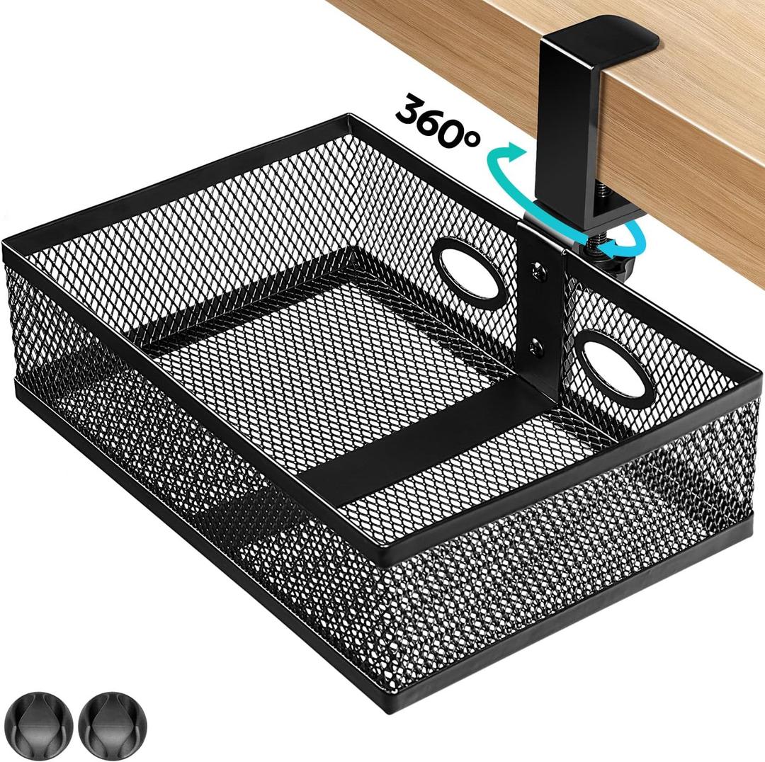 Under Desk Drawer Organizer Clamp On - 360 Swivel Metal Mesh Storage Basket, Hidden Rotating Desktop Tray for Standing Desk, Office Supplies & Gaming (No Drill, Black)