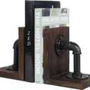 MyGift Book Ends Decorative, Bookends for Shelves, Metal Bookends for Heavy Books, Office Decor for Men, Wood Book Stopper, Realistic Industrial Pipe Design, Dark Brown