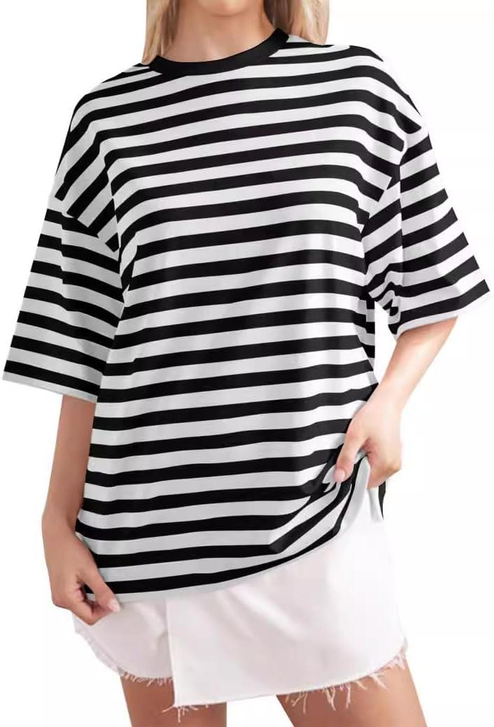 Women Oversized Striped T Shirts Color Block Crew Neck Tee Shirt Short Sleeve Basic Summer Tops (Black, M)