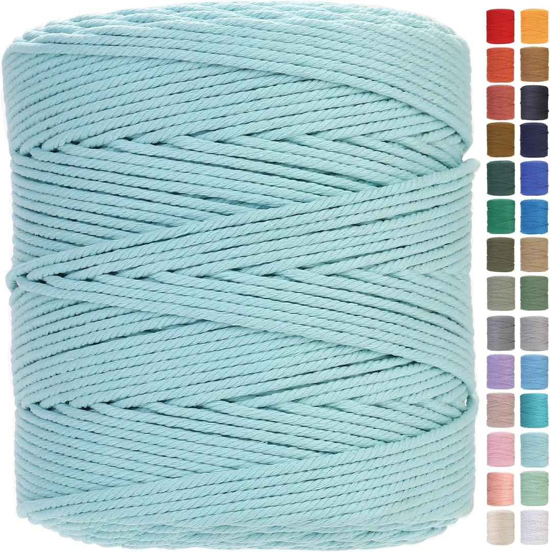 GOHOHOF Macrame Cord 4mm x 547yards Natural Macrame Cotton Rope Colored Macrame Rope Soft Cotton Cord Macrame Supplies Craft Rope Macrame Yarn for Plant Hanger Wall Hanger Dreamcatcher(Cyan)