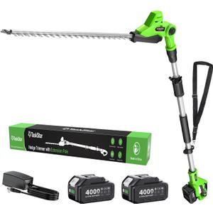 TaskStar Pole Hedge Trimmer Cordless: 20" Electric Long Reach Shrub & Bush Trimmer with Extension Pole, 2x4.0Ah Battery, Dual-Action Blade Hedge Clippers, 3000 SPM High-Speed Motor, 8-Feet Reach