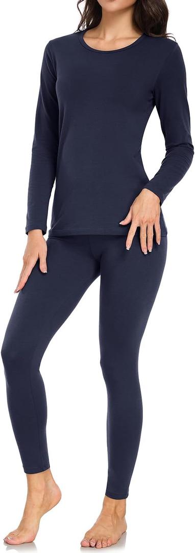 wirarpa Women's Cotton Thermal Underwear Set Lightweight Long Johns Base Layer Pajama Set for Women Top Bottom (Large, Navy Blue)
