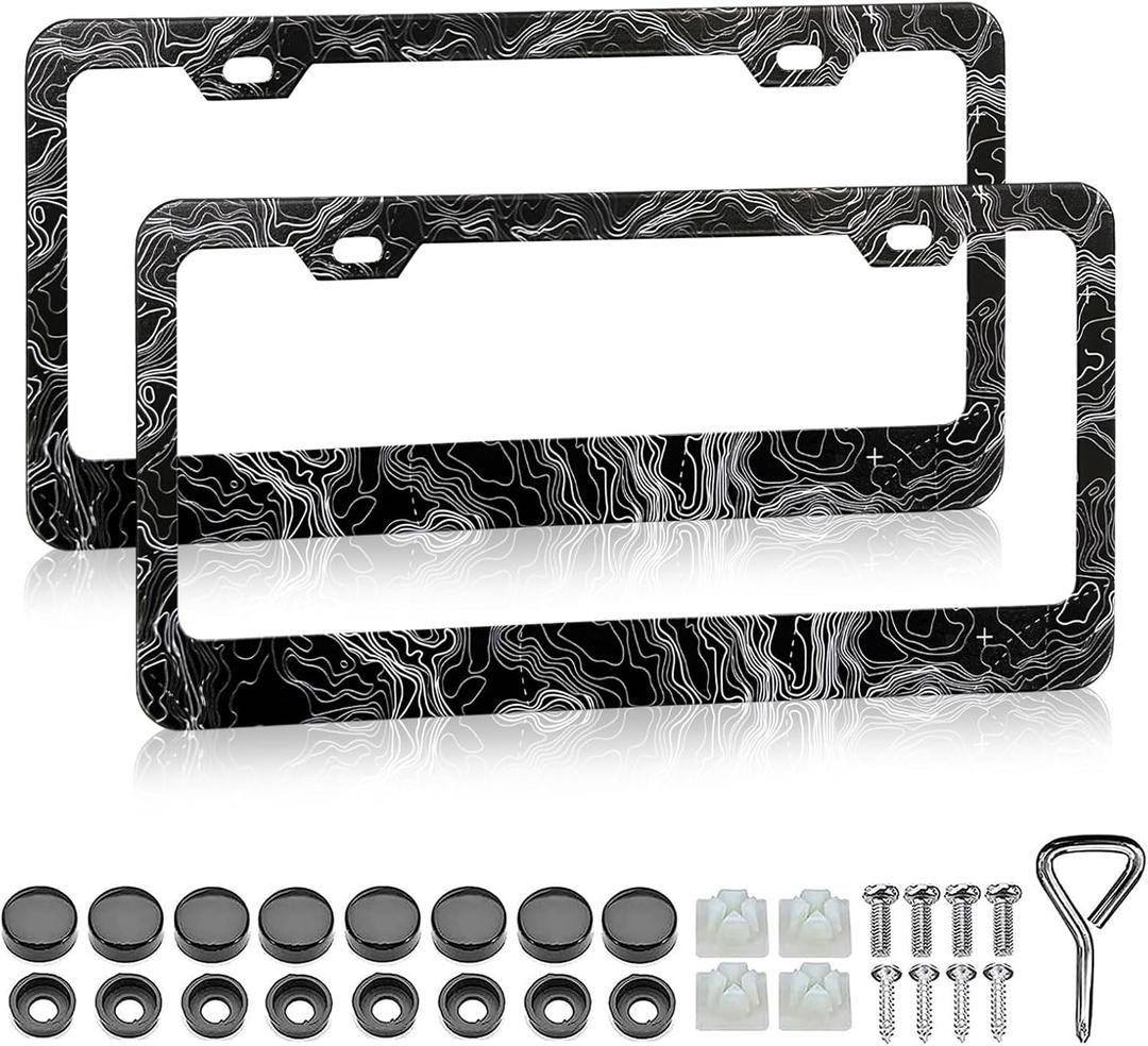 Topographic Map License Plate Frame - 2 Pack Topography Aluminum Metal License Plate Frame, Rust-Proof Waterproof Car Decorative Tag Frames for Standard Us 12x6 Inch