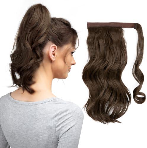 CJL HAIR 14" Short Ponytail Hair Extension Wrap Around Pony Tail Clip in Curly Wavy Synthetic Fake Hairpiece for Women Medium Brown