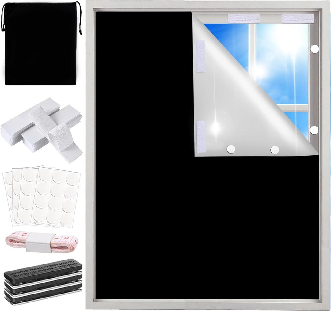 100% Blackout Shades Curtains for Bedroom 57x 79Inch, No Drill, Portable, DIY Cut, Removable, Black Out Blinds Window Cover for Baby Nursery, RV, Media Room, Hook Loop Tape Straps Stickers, Magnetic Clips