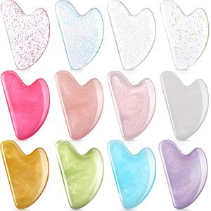 Sherr 12 Pcs Gua Sha Facial Tools Resin Heart Shaped Massage Guasha Tool for Face Guasha Board for Face Body Skin Massage Spa Acupuncture Prevent Wrinkles, 12 Colors(Sweet Color)