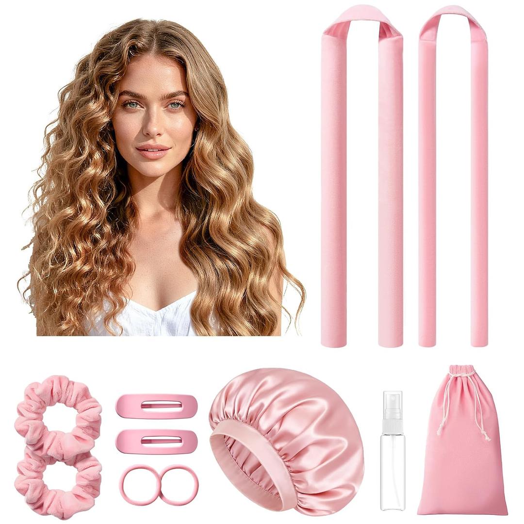 LitBear Heatless Curls Overnight, 2 Sizes of Soft Hair Rollers for Women with Bonnet to Sleep In, No Heat Hair Curlers Set with Scrunchies and Clips, for Long and Medium Hair (Pink)